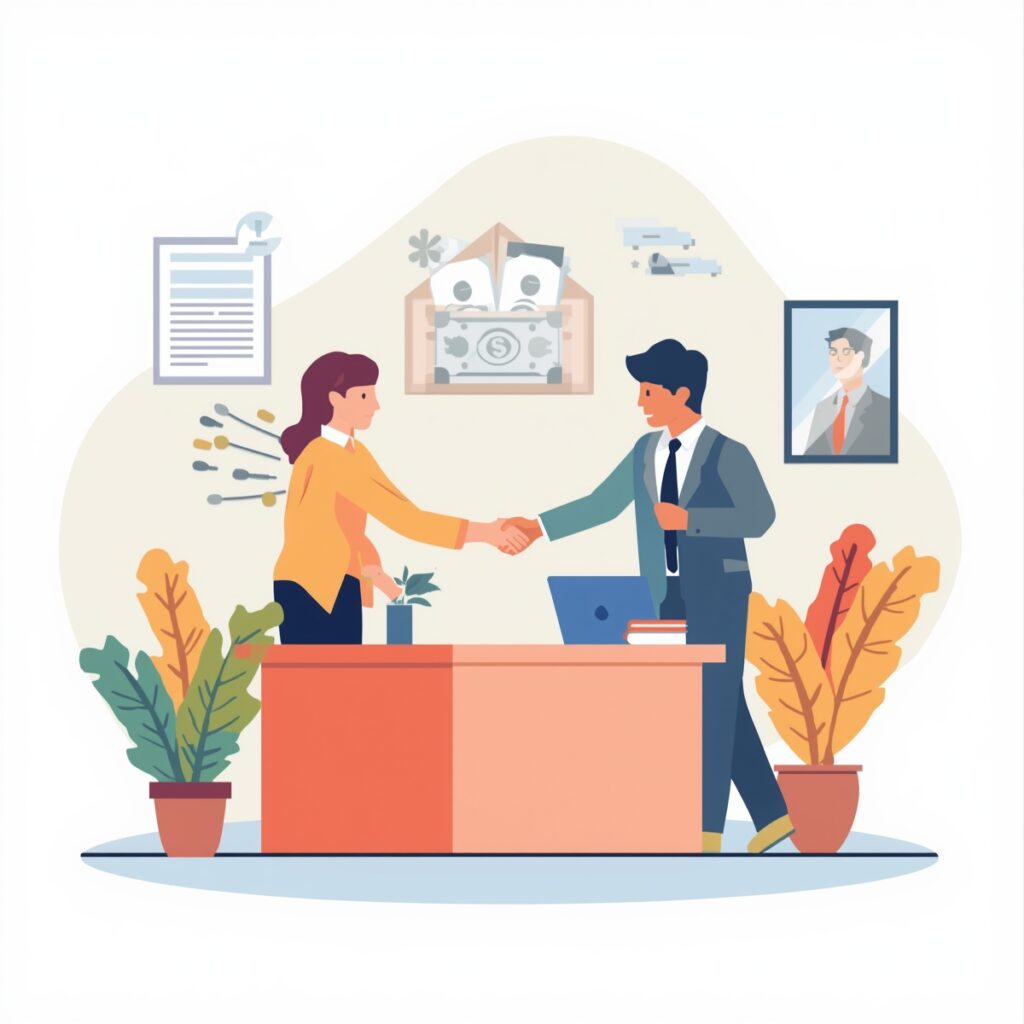 lucid origin generate image of staffemployee taking loan from 3